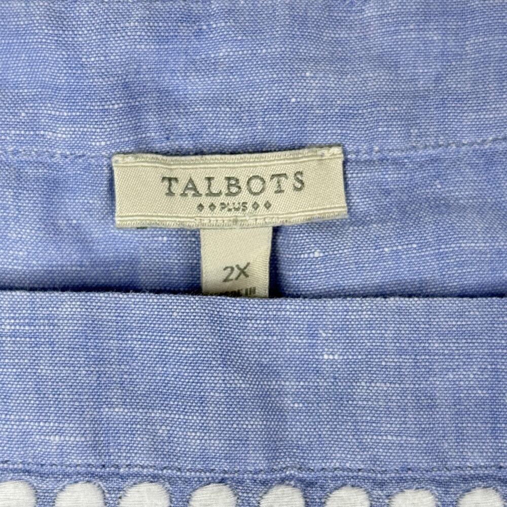 Talbots Top Womens 2X Plus Blue Linen Embroidered Square Neck Tunic Blouse - Picture 3 of 6